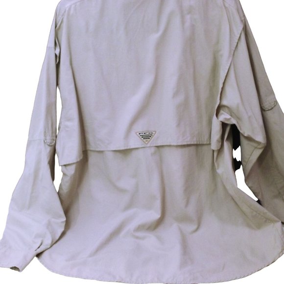 Vintage 90s Columbia PFG Shirt OmniShade Mens-M Pockets LSL Nylon Beige - Picture 8 of 10
